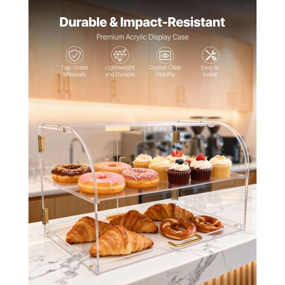 Bakery Display Case, 2-Tier Commercial Countertop Pastry Display Case, Clear Acrylic Bread Box for Kitchen, Party Cake Cabinet with Magnetic Rear Door for Cookie Dessert Donut, 22" x 14" x 14"