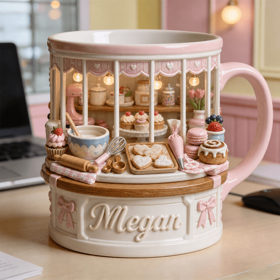 Bakery Display Mug, Custom Mug, 2D Printed 3D Effect, Personalized Mug, Custom Name Cup, Pink Kitchen Mug, Cookie Cupcake Macaron Mug, Sweet Pastry Baker Gift, Cute Cottage Kitchen Decor Set