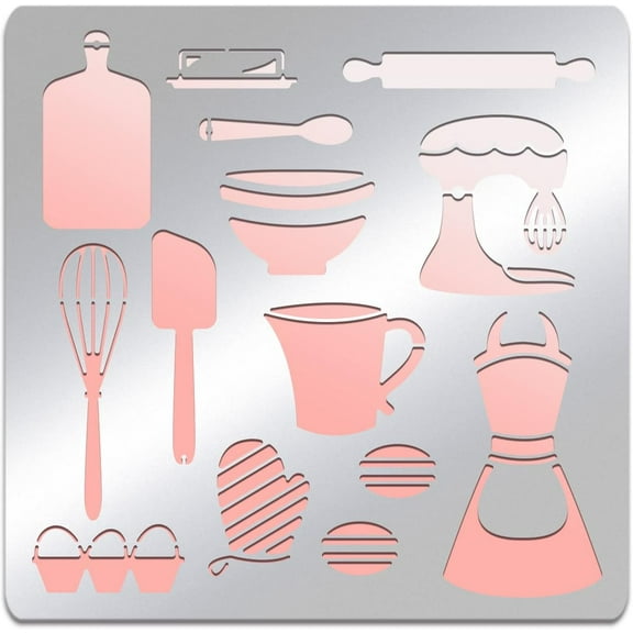 Bakery Elements Stainless Steel Stencil Template Cooking Metal Stencil for Journal Engraving Painting Scrapbooking Decorative Embossing 6x6 inch gray