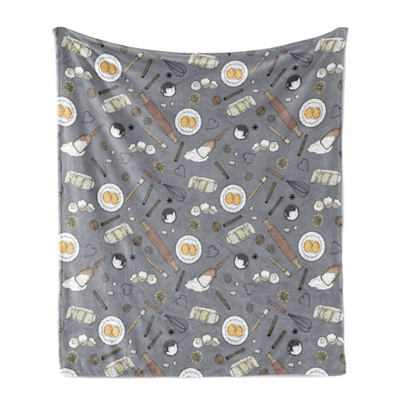 Bakery Soft Flannel Fleece Throw Blanket, Top View of Various Baking Ingredients and Items, Cozy Plush for Indoor and Outdoor Use, 50" x 70", Purpleblue Multicolor, by Ambesonne