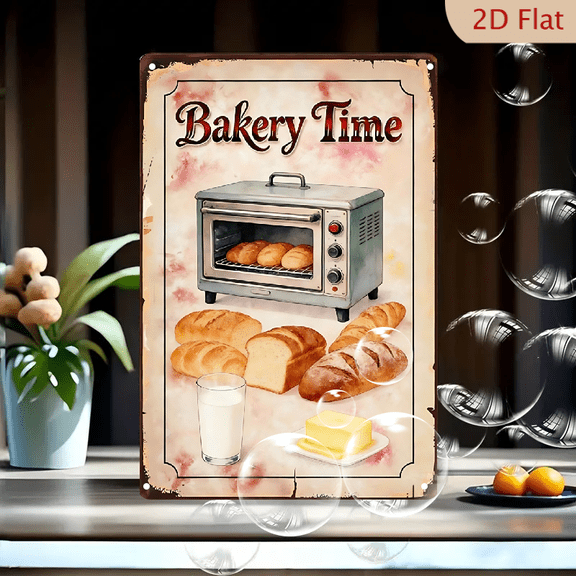 Bakery Time Retro Metal Sign 8x12 Inches, Vintage Bakery Scene with Toaster Oven and Bread, Soft Pink Floral Wall Art for Kitchen Cafe Decor