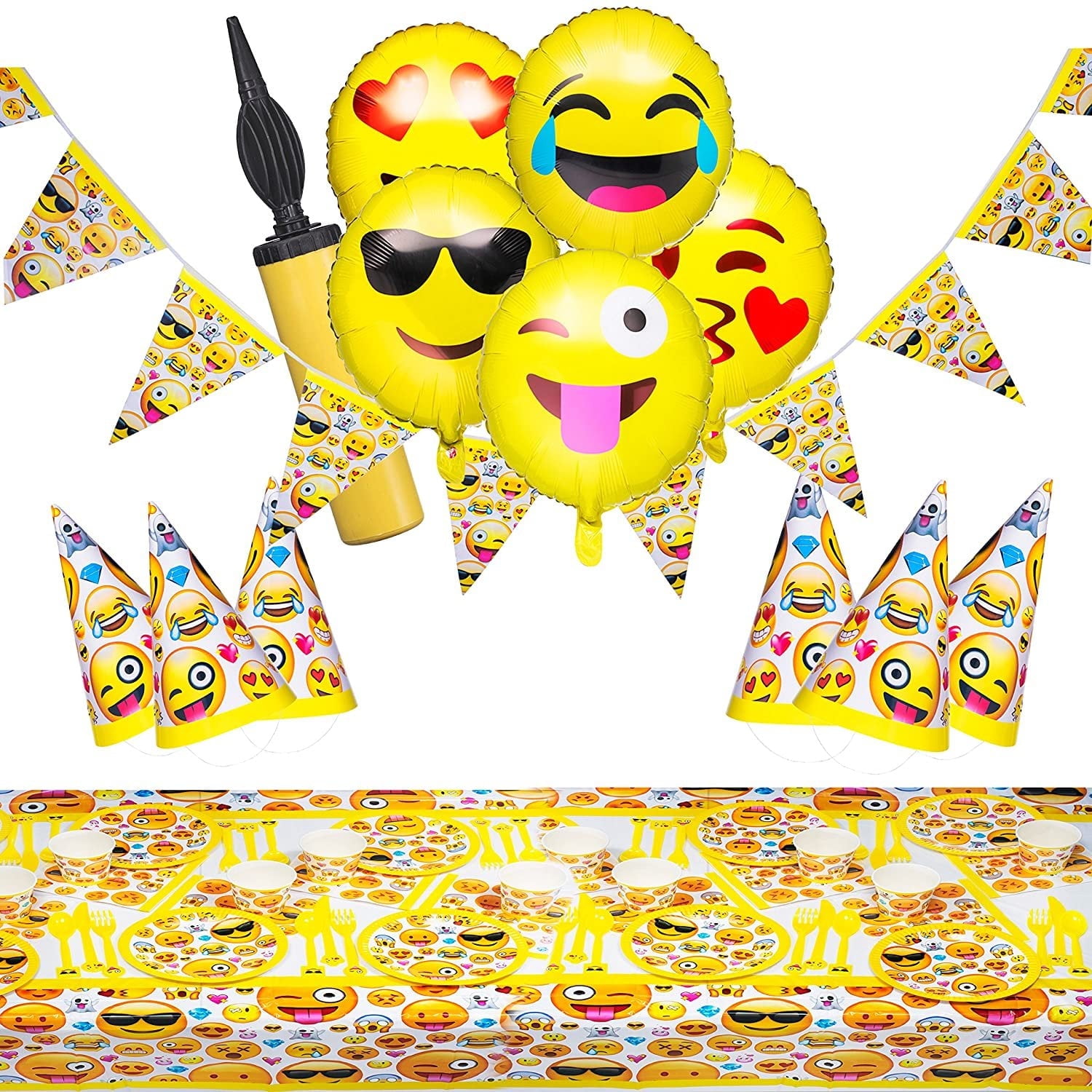 Baketivity Emoji Party Supplies Set with Paper Plates, Cups, Hats, Plastic Forks, Spoons & Knives, Napkins, Banner, Table Cover & Balloons Upgrade Home Dcor, Surprise