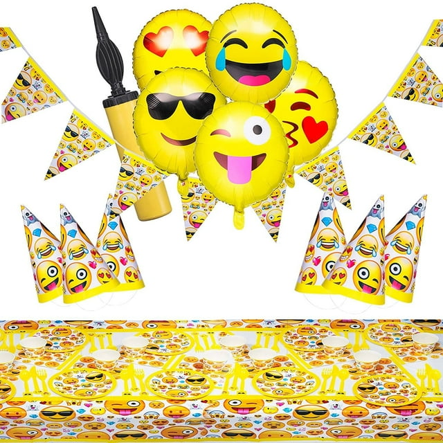 Baketivity Emoji Party Supplies Set with Paper Plates, Cups, Hats, Plastic Forks, Spoons & Knives, Napkins, Banner, Table Cover & Balloons Upgrade Home Dcor, Surprise