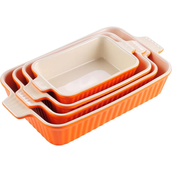 Bakeware Set of 4, Porcelain Baking Pans Set for Oven, Casserole Dish, Ceramic Rectangular Baking Dish Lasagna Pans for Cooking Cake Kitchen, Orange(9.4"/11.1"/12.2"/14.7"), Series BAKE.BAKE