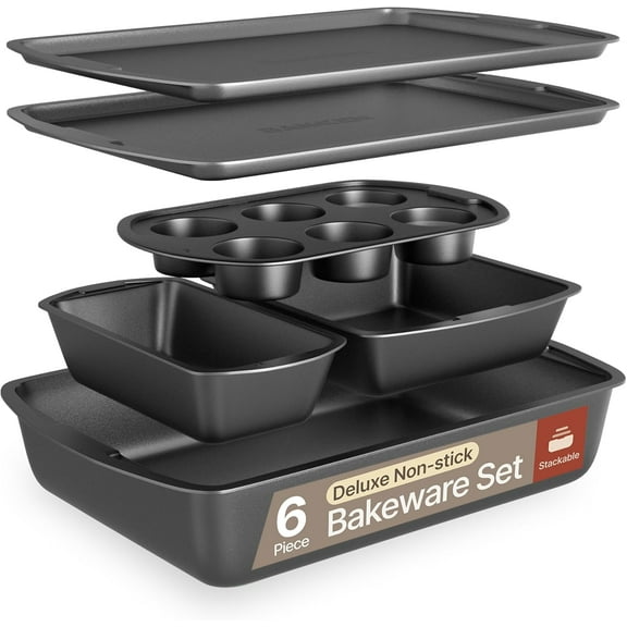 Bakeware Set 6 Piece Stackable, Deluxe, Non-Stick Baking Pans for Professional and Home Cooking Carbon Steel, Gray Coating