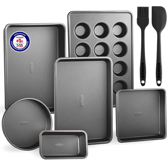Bakken- Swiss 8-Piece Kitchen Baking Pan Set - Commercial Grade Carbon Steel Bakeware with Nonstick Coating, Stackable and Space-Saving Design, Oven Safe Tray (up to 450°F), Black