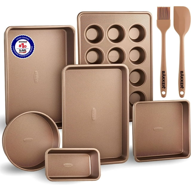 Bakken- Swiss Bakeware Set – 8 Piece – Non-Stick Professional Home Bakeware – Multi Sized Baking Pan Set - Muffin Pan, Loaf Pan and More – Gold