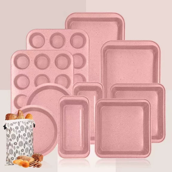 Bakeware Set Baking Pan Set Bread Bags Non-Stick Kitchen Oven Round/Square Cake Pan, Muffin Pan, Baking Pan, Cookie Sheet Set Baking Supplies Christmas Pink