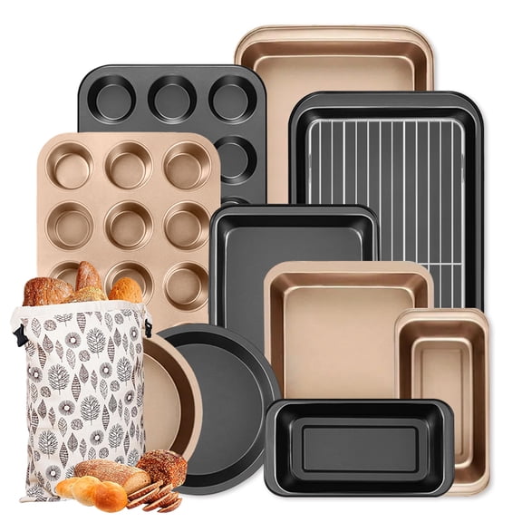 Bakeware Set Baking Pan Set Bread Bags Non-Stick Kitchen Oven Round/Square Cake Pan, Muffin Pan, Baking Pan, Cookie Sheet Set Baking Supplies Christmas Gold black