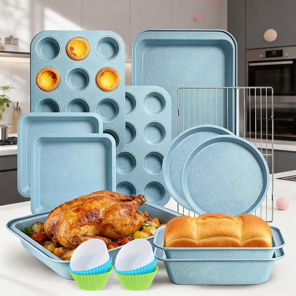 Bakeware Set Baking Pan Set Non-Stick Kitchen Oven Round/Square Cake Pan, Muffin Pan, Baking Pan, Cookie Sheet Set Baking Supplies Christmas Blue Snowflake Pattern