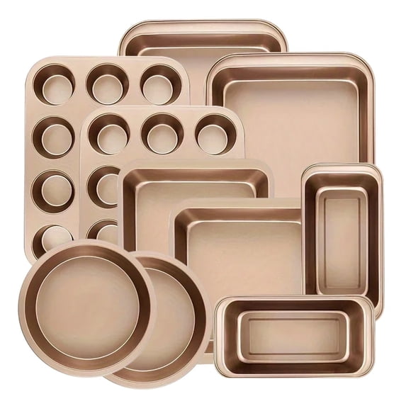 LOLLICY Gold 17-piece non-stick carbon steel bakeware set with muffin, cake, and cookie pans