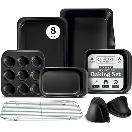 Country Kitchen Bakeware Set 8-Pc, Non Stick Baking Pans w/ Nesting Baking Sheets & Pans, Black