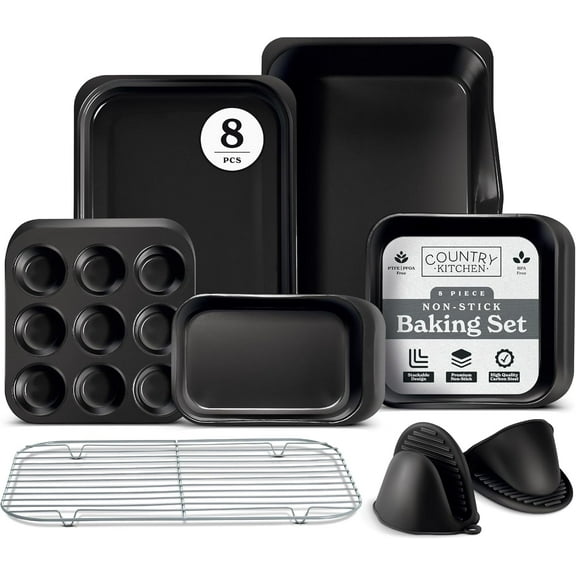 Country Kitchen Bakeware Set 8-Pc, Non Stick Baking Pans w/ Nesting Baking Sheets & Pans, Black