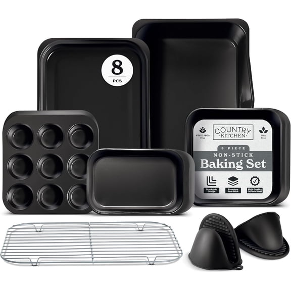 Country Kitchen Bakeware Set 8-Pc, Non Stick Baking Pans and Nesting Baking Sheets & Pans, Black