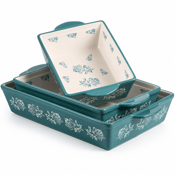 Bakeware Set Blue Green Flower 3-piece Ceramic Lasagna Casserole Dish
