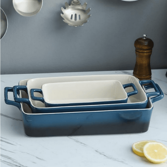 Bakeware Set, Ceramic Baking Dish, Rectangular Baking Pans Set, Casserole Dish for Cooking, Cake Dinner, Kitchen, 12 x 8.5 Inches, 3-Piece (Gradient Blue)