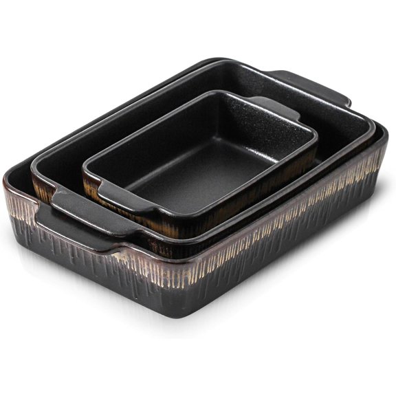 Bakeware Set, Ceramic Baking Dish, Rectangular Baking Pans Set, Casserole Dish for Cooking, Cake Dinner, Kitchen 9 x 13 Inches, 3-, Stripe Series (Rough Black)