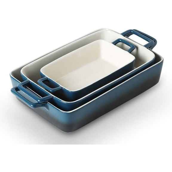 Bakeware Set, Ceramic Baking Dish, Rectangular Baking Pans Set, Casserole Dish for Cooking, Cake Dinner, Kitchen, Wrapping Upgrade, 12 x 8.5 Inches, 3-Piece (Gradient Blue)