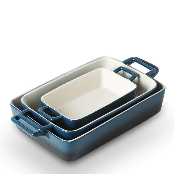Bakeware Set, Ceramic Baking Dish, Rectangular Baking Pans Set, Casserole Dish for Cooking, Cake Dinner, Kitchen, Wrapping Upgrade, 12 x 8.5 Inches, 3-Piece (Gradient Blue)