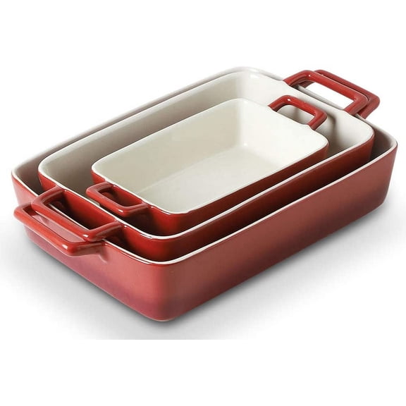KOOV Bakeware Set, Ceramic Baking Dish, Rectangular Baking Pans Set, Casserole Dish for Cooking, Cake Dinner, Kitchen, Wrapping Upgrade, 12 x 8.5 Inches, 3-Piece (Gradient Red)