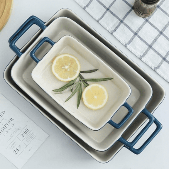 Bakeware Set, Ceramic Baking Dish, Rectangular Baking Pans Set, Casserole Dish for Cooking, Cake Dinner, Kitchen, Wrapping Upgrade, 12 x 8.5 Inches, 3-Piece (Gradient Blue)