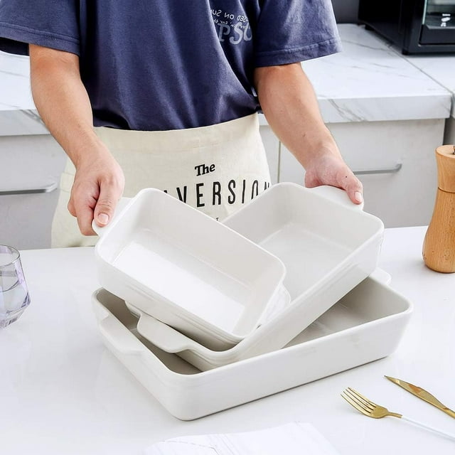 Bakeware Set, Ceramic Baking Dish Set, Rectangular Casserole Dish Set, 9 x 13 Inches, 3-Piece (Set of 3, White)