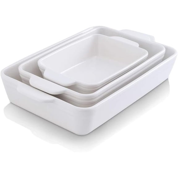 Bakeware Set, Ceramic Baking Dish Set, Rectangular Casserole Dish Set, lasagna Pan, Baking Pans Set for Cooking, Cake Dinner, Kitchen, 9 x 13 Inches, 3- (Set of 3, White)