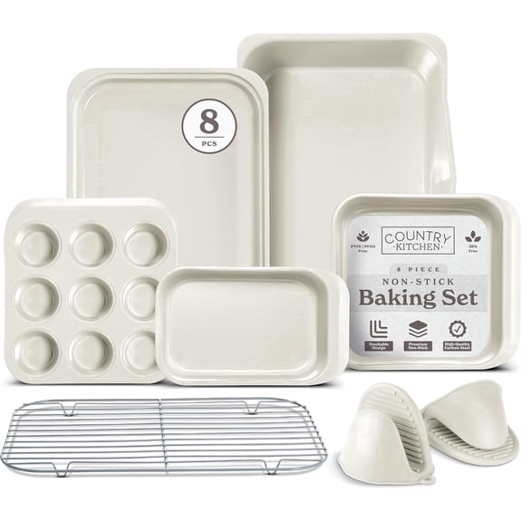 Country Kitchen Baking Set, 8-Piece Nesting Nonstick Baking Sheets & Pans, Cream