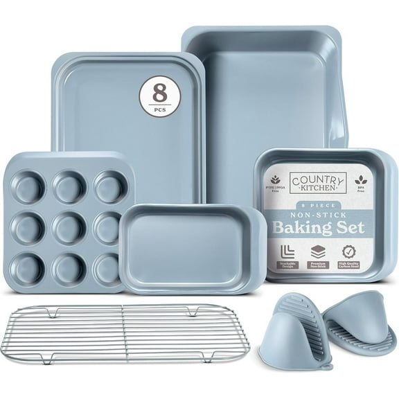 COOK WITH COLOR 8-Pc Bakeware Set, Non Stick Baking Pans w/ Nesting Baking Sheets & Pans, Light Blue