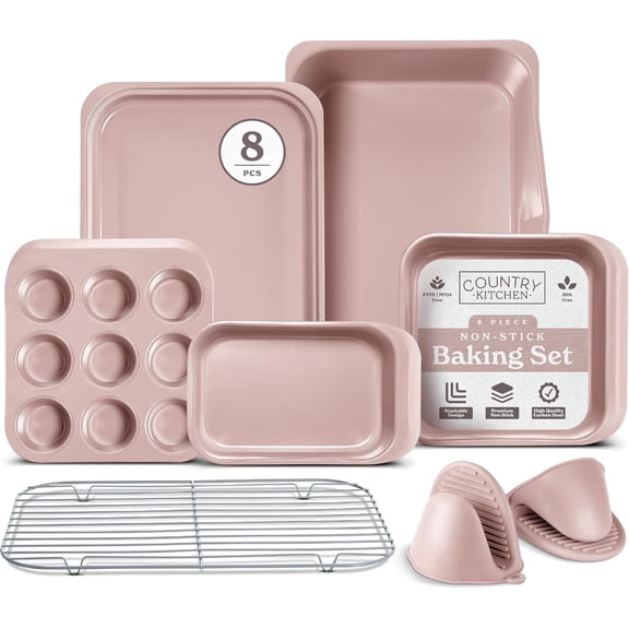 Country Kitchen Baking Set, 8-Piece Nesting Nonstick Baking Sheets & Pans, Light Pink