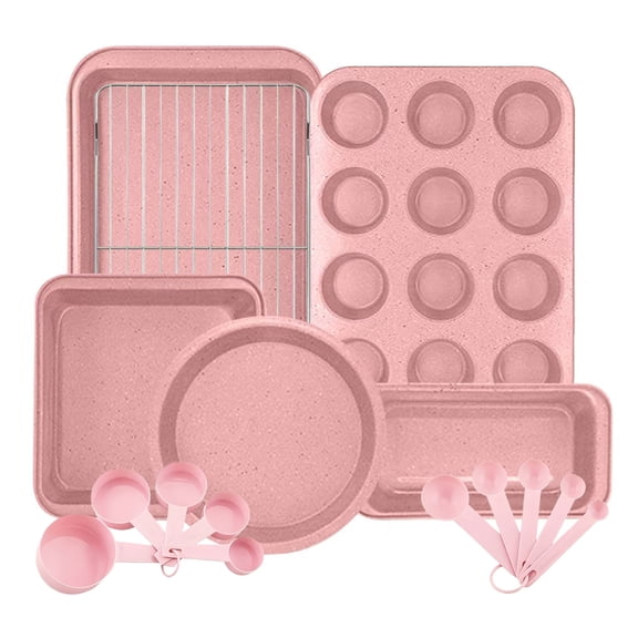 Bakeware Sets, 6pcs Pans Set, Non-Stick Kitchen Pan,Including Baking Accessories, Cookie Chips, Cake Pan, Bread Pan, Muffin Pan, Pizza Pan - Pink