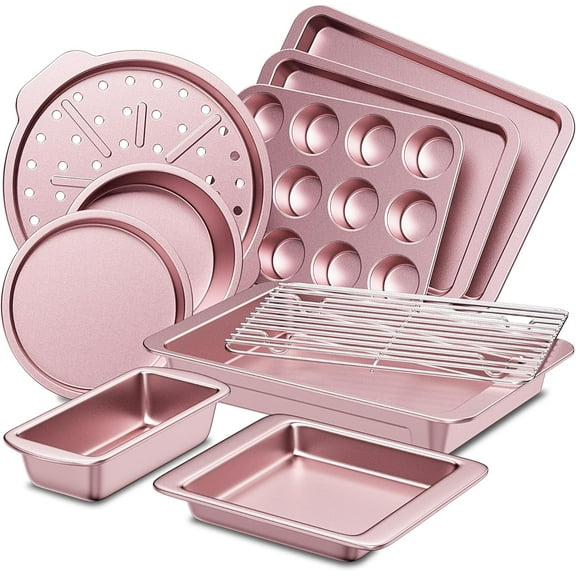 Bakeware Sets, Baking Pans Set, Nonstick Oven Pan for Kitchen with Wider Grips, 10-Piece Including Rack, Cookie Sheet, Cake Pans, Loaf Pan, Muffin Pan, Pizza Pan - Pink