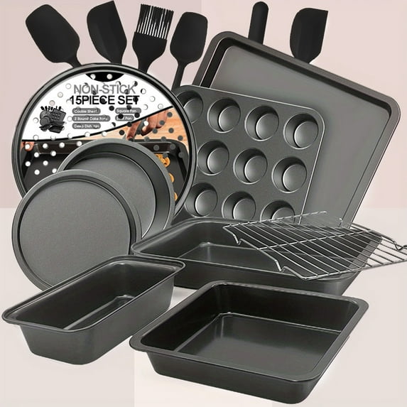 Bakeware Sets, Baking Pans Set, Nonstick Oven Pan for Kitchen with Wider Grips, 9 Pieces Including Rack, Cookie Sheet, Cake Pans, Loaf Pan, Muffin Pan, Pizza Pan ,Silicone Whisk Scraper Clamps
