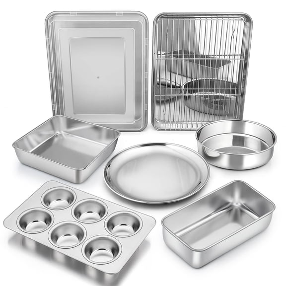 Bakeware Sets, P&P CHEF 9-Piece Stainless Steel Baking Pans Set, Round/Square Cake Pan, Toaster Oven Pan, Lasagna Pan, Loaf Pan, Pizza Pan, Muffin Pan, Dishwasher Safe & Durable, Healthy & Non-toxic