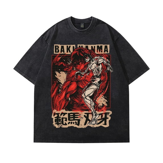 Baki Hanma Cotton T-shirt Anime Short Sleeve Vintage Washed Tee Shirt Unisex Crewneck
