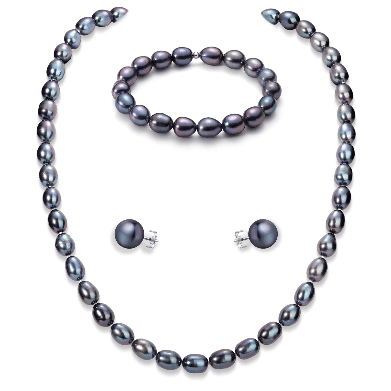 Bakimi Black Cultured Pearl Necklace and Earrings Set, 6-7mm Freshwater Pearls Jewelry, 925 Sterling Silver Stud Earrings, Elegant Mother'day Gift for Women