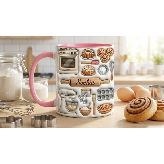 Baking Accent Mug, Custom Name Love Cakes Coffee Mug, Bakery 2D Flat Ceramic Cup, Gift for Baker, Gift For Mother's Day, Gift For Baking Mom