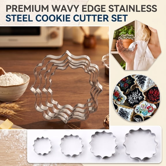 Baking Accessories, Stainless Steel Baking Set of Decorative Wavy Cookie Cutters, Biscuit Cutters in 4 Sizing, Cookie Molds for Baking Unique Border Pastries, Lightweight Durable