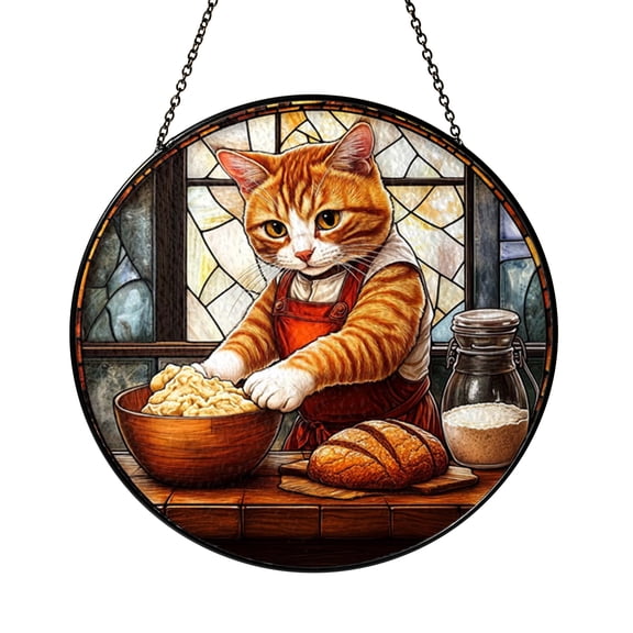 Baking Cat Stained Glass Suncatcher Window Hanging, Whimsical Kitchen Art Decor, Cozy Bakery Theme Gift for Cat Lovers