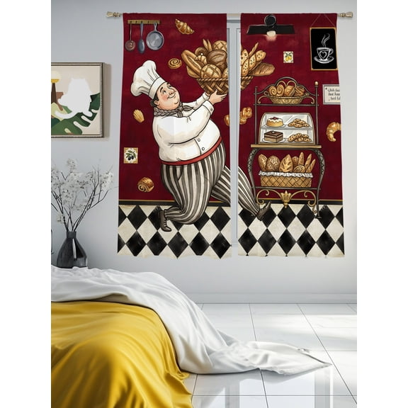 Baking Chef Kitchen Art Chiffon Sheer Curtains 63 Inches Long French Bread Dessert Rack Rod Pocket Window Curtains Voile Drapes Curtains for Living Room Bedroom,2 Panels