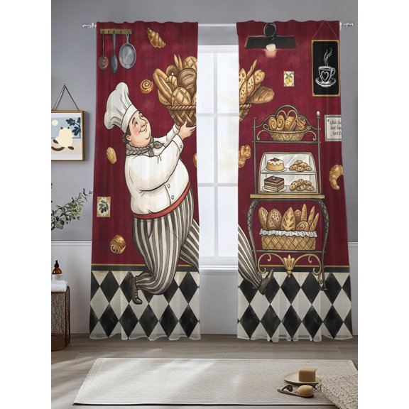 Baking Chef Kitchen Art Chiffon Sheer Curtains 84 Inches Long French Bread Dessert Rack Rod Pocket Window Curtains Voile Drapes Curtains for Living Room Bedroom,2 Panels