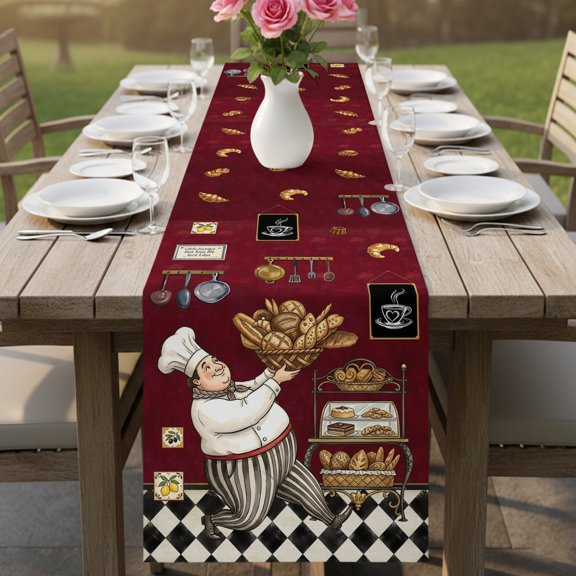Baking Chef Kitchen Art Table Runner 13x36in Non-Slip Cotton Linen Table Runners, French Bread Dessert Rack Dresser Scarves TableRunner for Dinner Kitchen Dining Wedding Party