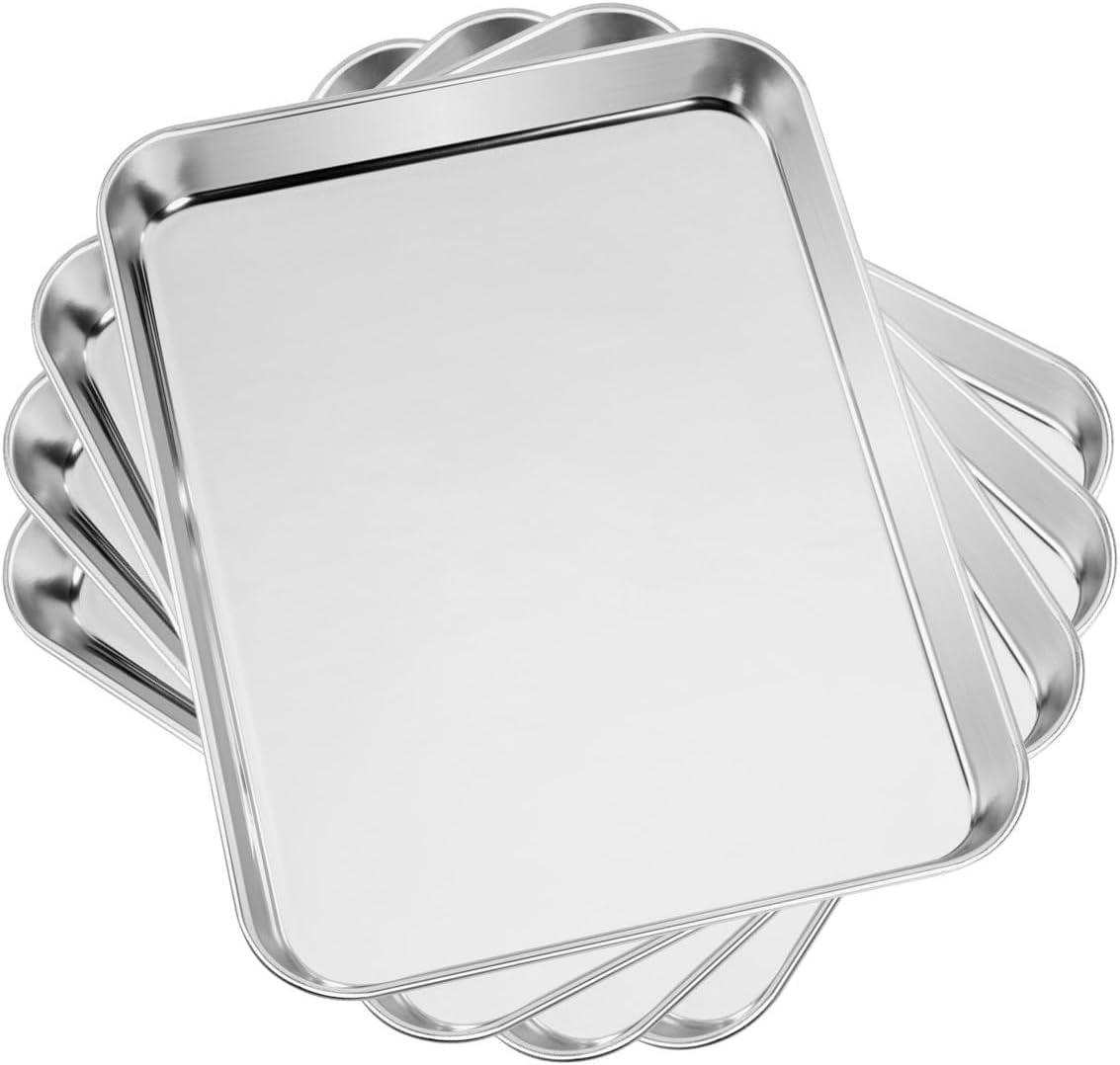Baking & Cookie Sheets Set of 4, Stainless Steel Compact Toaster Oven Pan Tray Ovenware Professional, Size 10.23 x 8.26 x 1 inch, Heavy Duty, Deep Edge, Superior Mirror Finish, Dishwasher Safe
