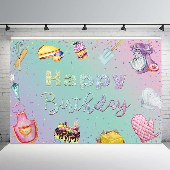 Baking Cooking Girl Birthday Backdrop Happy Birthday Party Decorations Pink Cake Kitchen Party Table Banner Let's Mixing Things up Photography Background Props