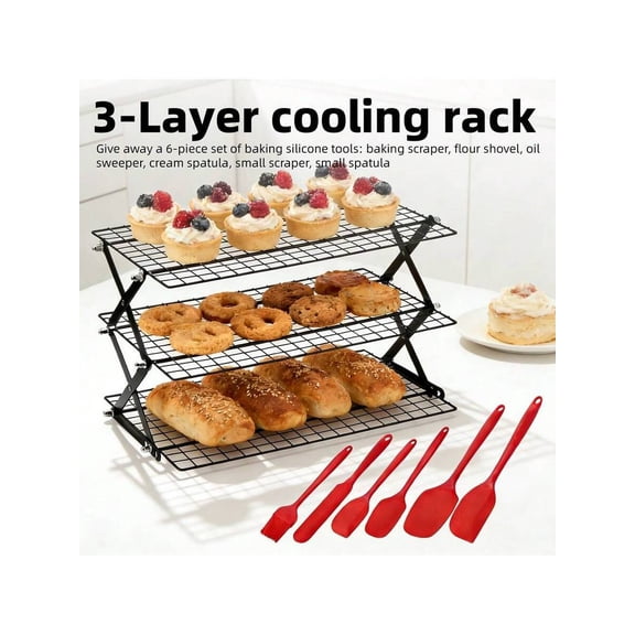 Baking Cooling Rack, 3-Tier Folding Wire Cooling Rack for Baking, Collapsible Tiered Cake Drying Rack for Cookies and Biscuits, Kitchen Baking Accessories, Black