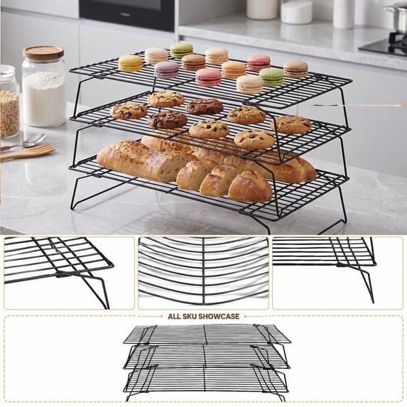Baking Cooling Rack | 3-Tier Stackable Cooling Rack Baking for Cookies Cakes Breads | Great Gift for Home Bakers | Stainless Steel Wire Folding Baking Stand for Kitchen Oven Use