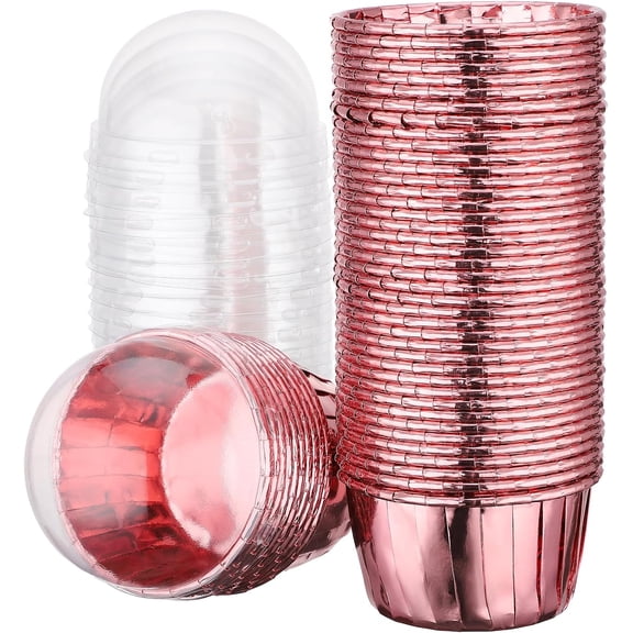 Baking Cups, 50pcs 3.5oz Disposable Muffin Cupcake Liners Foil Wedding Ramekins, Aluminum Wrappers with Lids Cake Containers Mini Cheesecakes Cups Dessert Holders for Birthday Party Festival