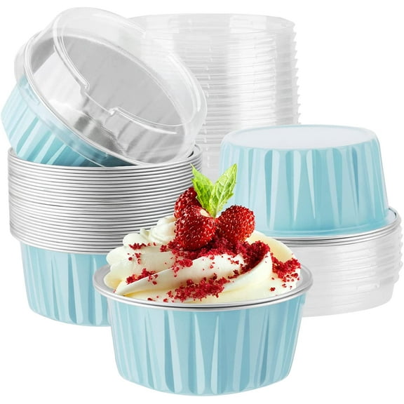 Baking Cups with Lids, 100 PCS 5oz Blue Aluminum Foil Baking dessert containers, Clear Pudding Cups for Wedding,Christmas,Kitchen,Birthday Party,Various Holiday Parties