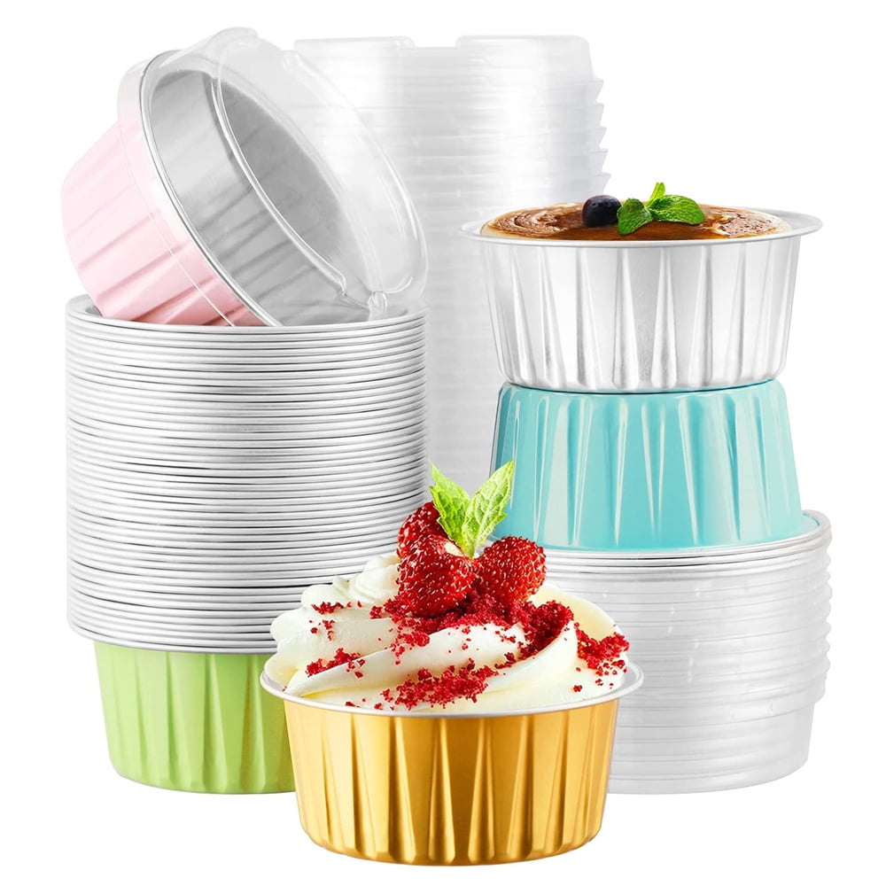 Lotfancy Aluminum Foil Cupcake Baking Cups with Lids and Spoons, 5oz/125ml, 50 Pack Disposable Creme Brulee Ramekins, Oven Safe Mini Cake Tins