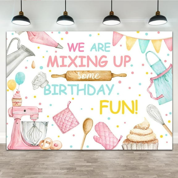 Baking Dessert Cooking Backdrop We are Mixing Up Some Birthday Fun Photography Background for Girl Pink Cake Muffin Ice Cream Kitchen Party Decorations Banner Photo Booth Props